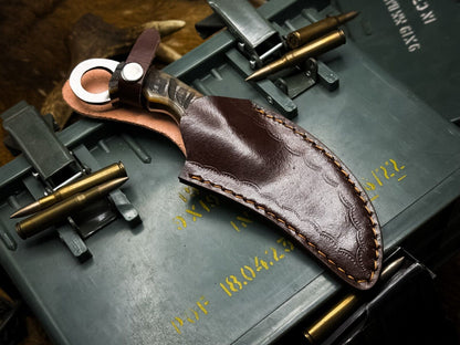Heritage Forge Handmade Damascus Karambit Hunting Knife with Ram Horn Handle and Leather Sheath