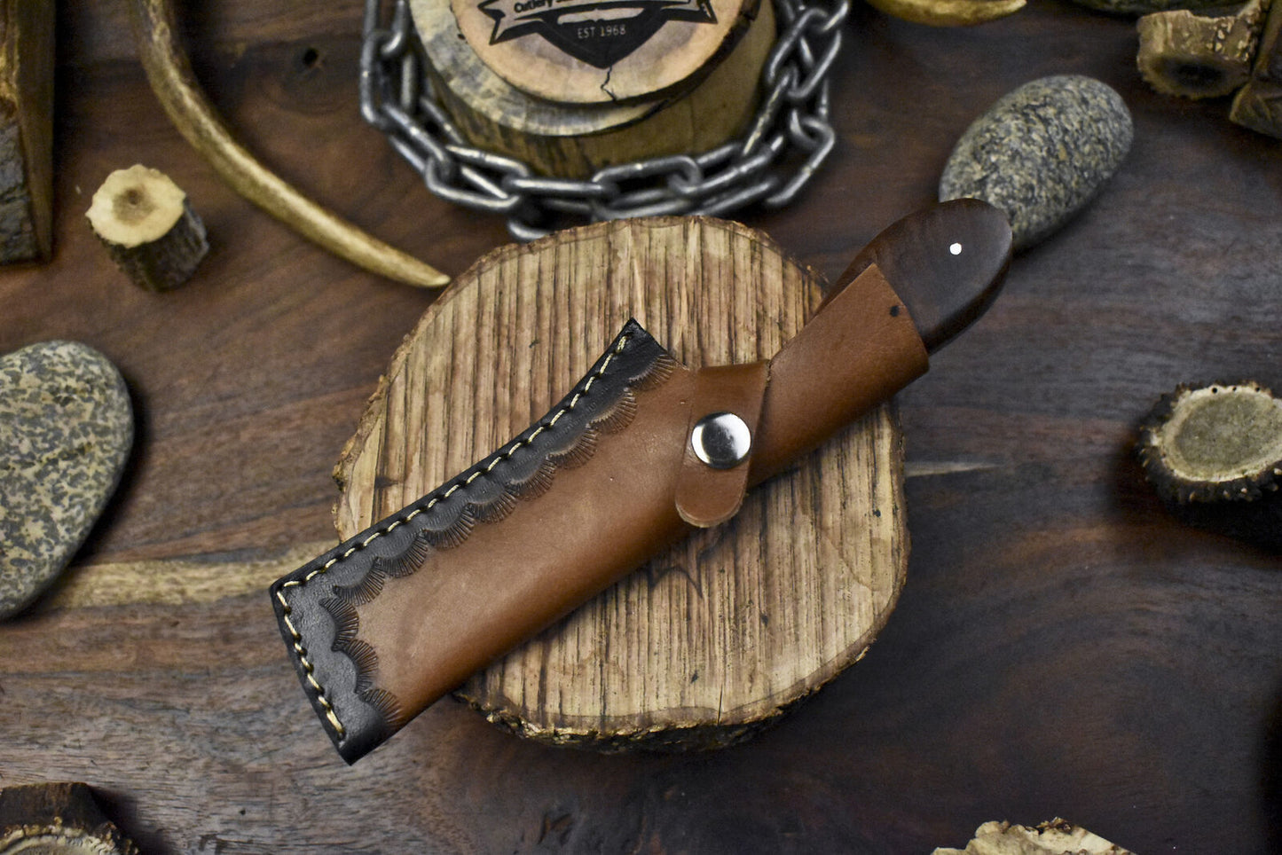 Forged Hunting Skinner Knife with Twist Damascus Blade and Walnut Wood Handle – Custom Handmade Fixed Blade Hunting Knife