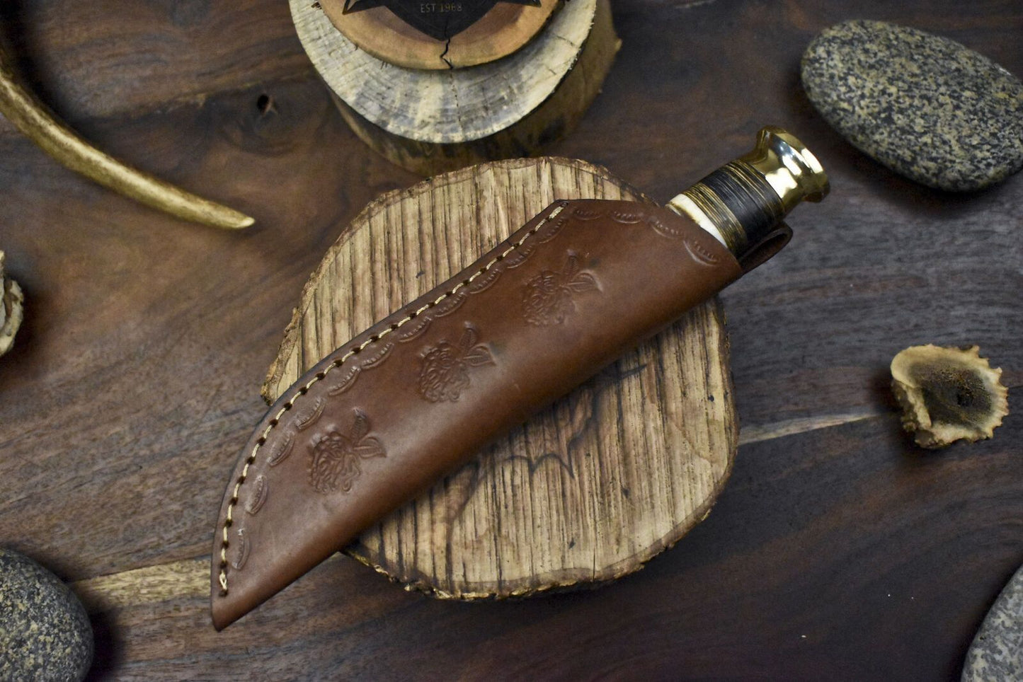 Custom Skinner Knife Rain Drop Damascus Bone Brass Bolster EDC