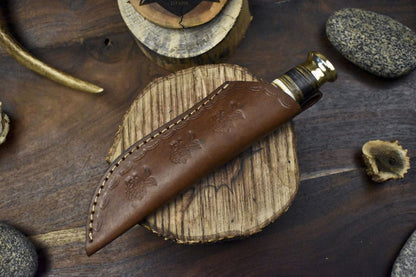 Custom Skinner Knife Rain Drop Damascus Bone Brass Bolster EDC
