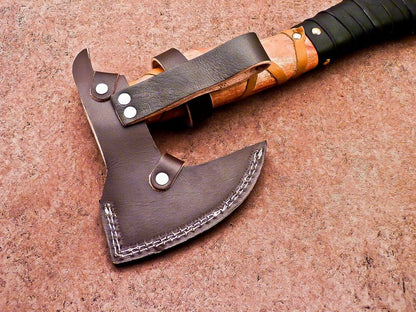 Hand Forged Bearded Viking Axe 15 Inch High Carbon Steel Tomahawk with Natural Wood Handle and Leather Sheath