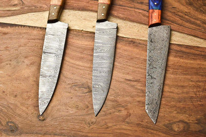 Lot of 3 Handmade Damascus Steel Full Tang Chef Knives – Cutlery Set