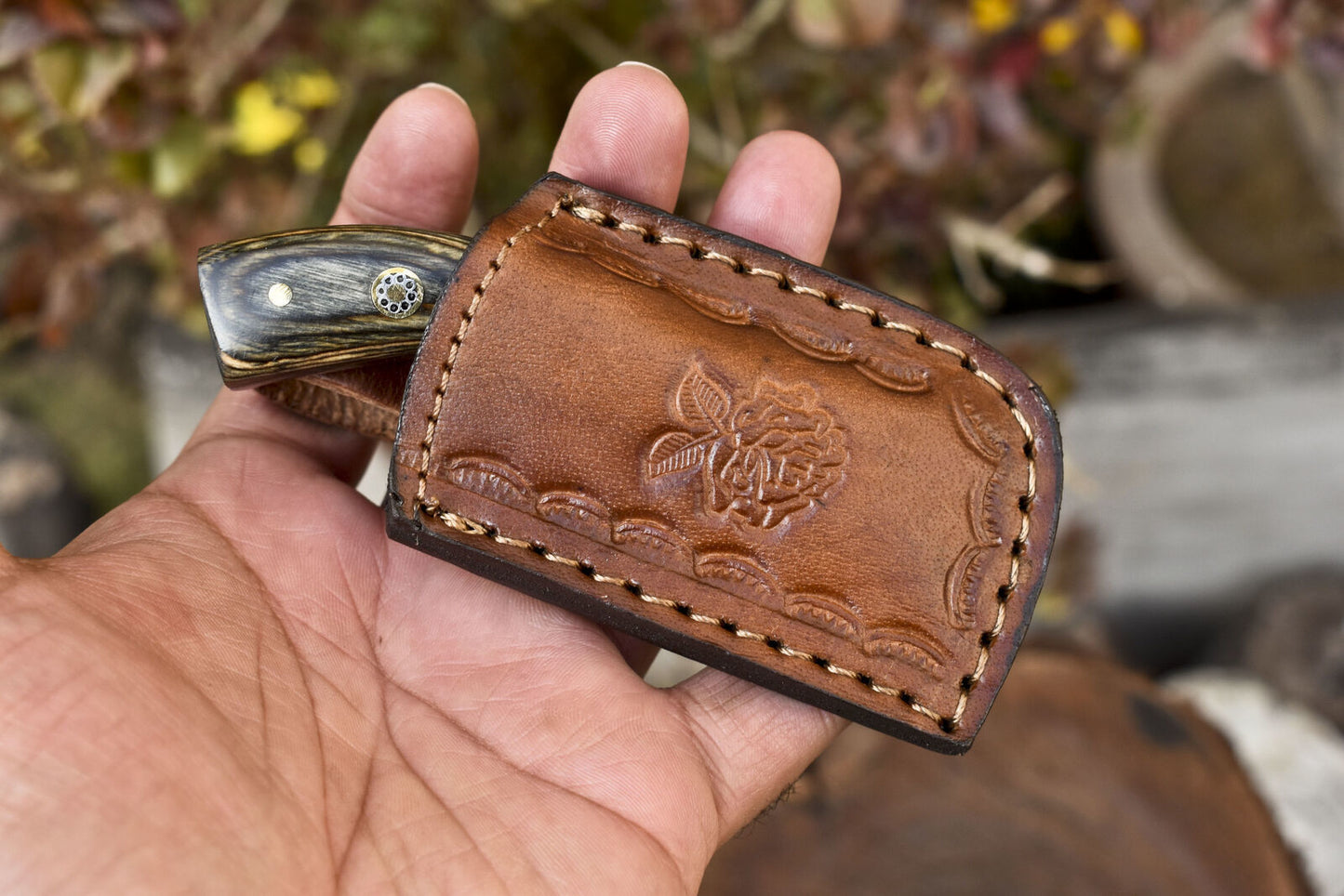 Compact Damascus Skinner Knife with Hardwood Handle EDC for Hunting and Camping