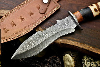 12.5 Inch Handmade Damascus Bowie Knife with Camel Bone Handle