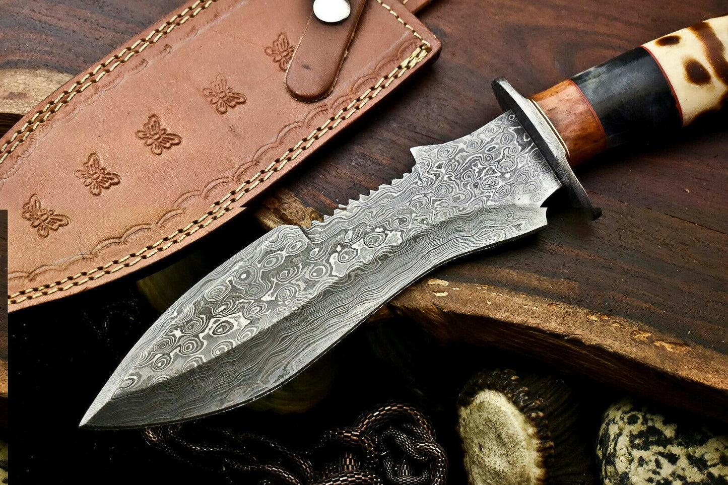 12.5" Handmade Damascus Bowie Knife – Camel Bone Handle & Leather Sheath