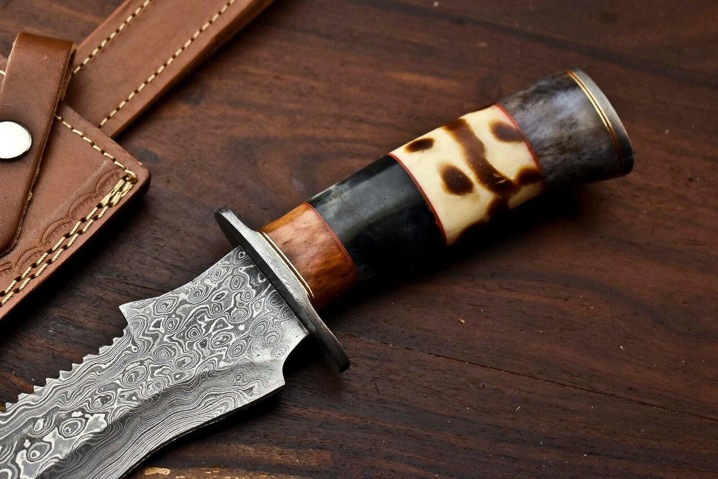 12.5 Inch Handmade Damascus Bowie Knife with Camel Bone Handle