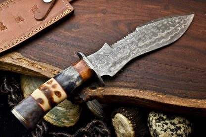 12.5 Inch Handmade Damascus Bowie Knife with Camel Bone Handle
