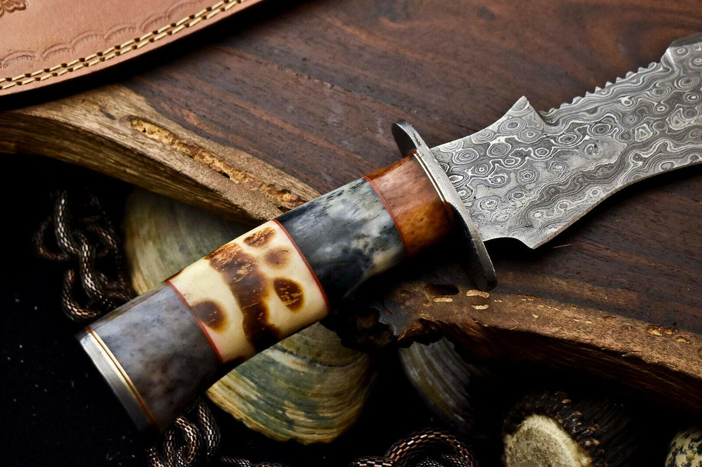 12.5 Inch Handmade Damascus Bowie Knife with Camel Bone Handle