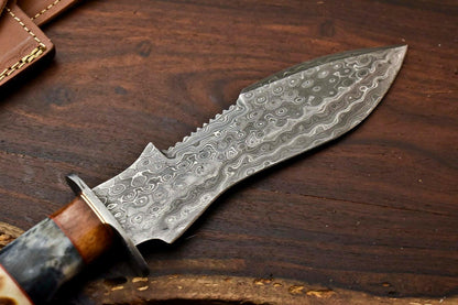 12.5 Inch Handmade Damascus Bowie Knife with Camel Bone Handle