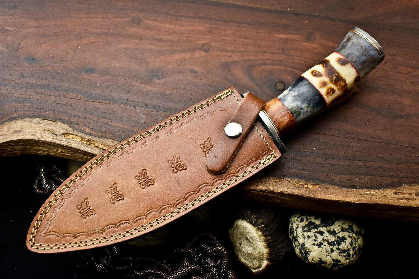 12.5 Inch Handmade Damascus Bowie Knife with Camel Bone Handle