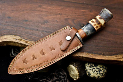12.5 Inch Handmade Damascus Bowie Knife with Camel Bone Handle