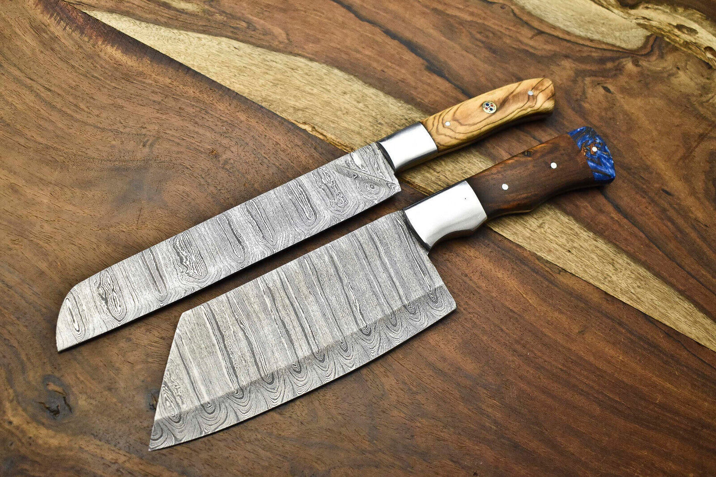 Lot Of 2 Handmade Damascus Steel Blade Chef Set Knife, Full Tang