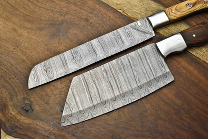 Lot Of 2 Handmade Damascus Steel Blade Chef Set Knife, Full Tang