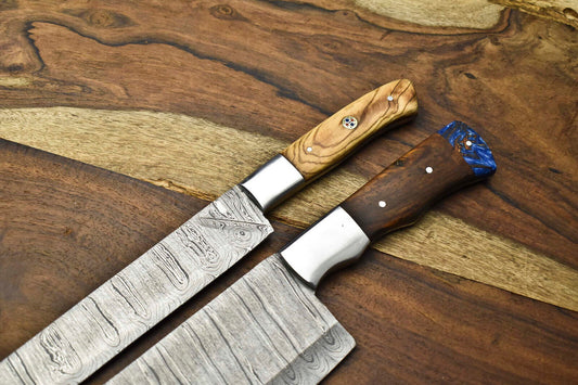 Lot Of 2 Handmade Damascus Steel Blade Chef Set Knife, Full Tang