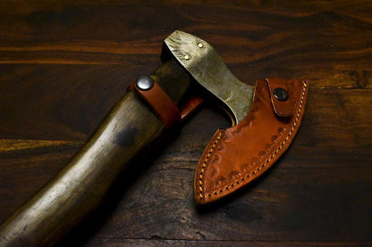 Handmade Damascus Axe Tomahawk with Walnut Wood Handle & Leather Sheath | Classy Damascus Steel Axe