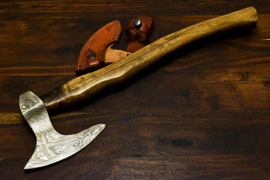Handmade Damascus Axe Tomahawk with Walnut Wood Handle & Leather Sheath | Classy Damascus Steel Axe