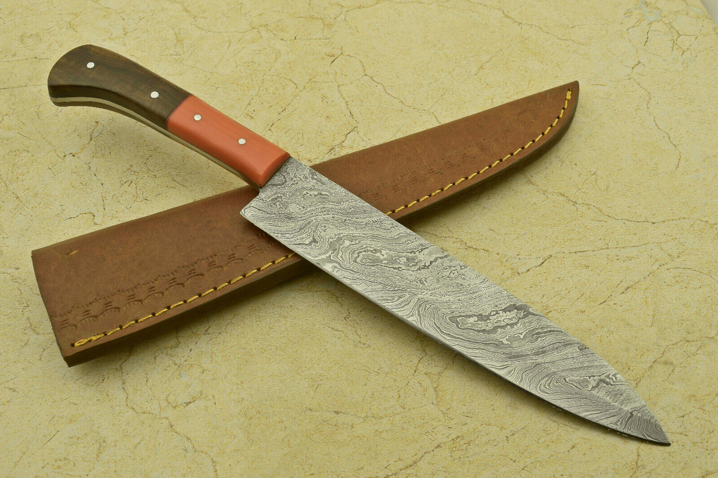 Custom Handmade Forged Damascus Steel Chef Kitchen Knife with Resin & Rosewood Handle