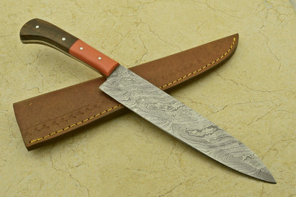 Custom Handmade Forged Damascus Steel Chef Kitchen Knife with Resin & Rosewood Handle