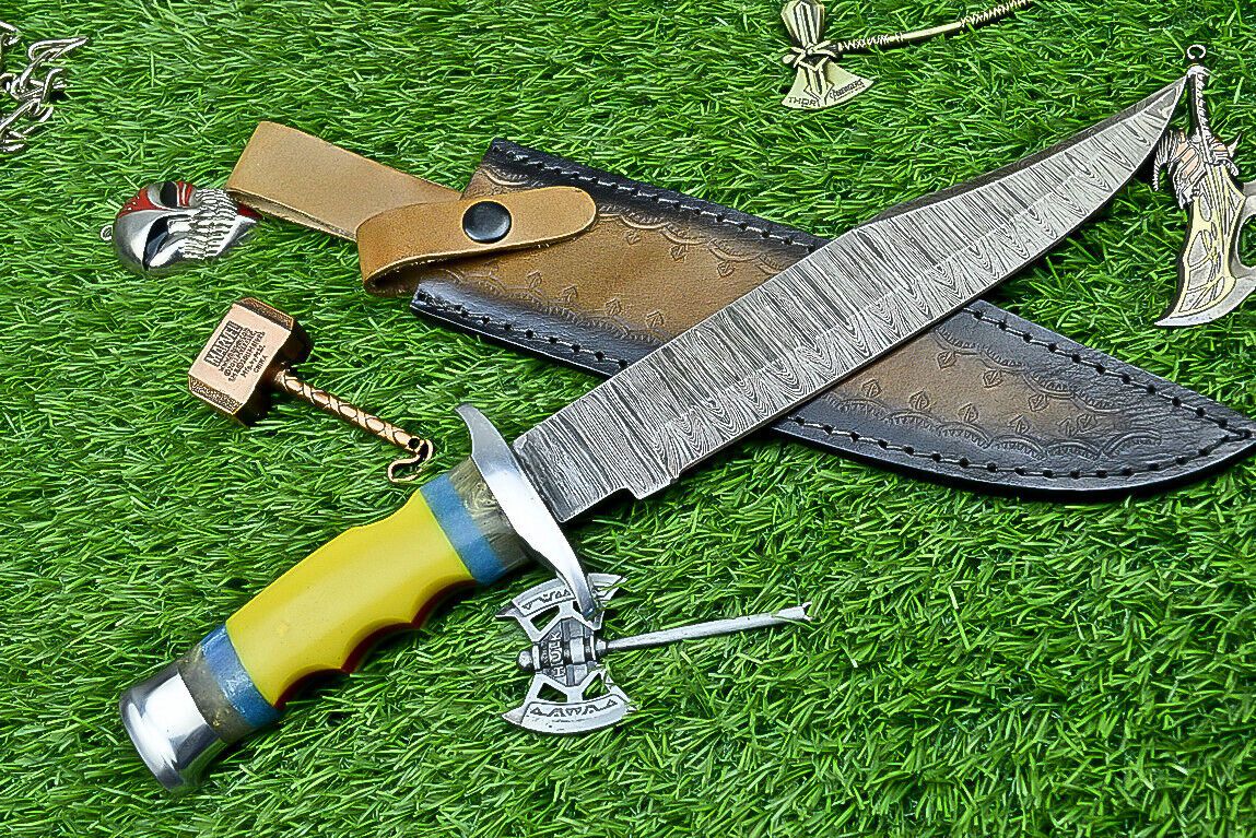 Heritage Forge 13 Inch Damascus Steel Bowie Knife with Resin Handle and Custom Leather Sheath