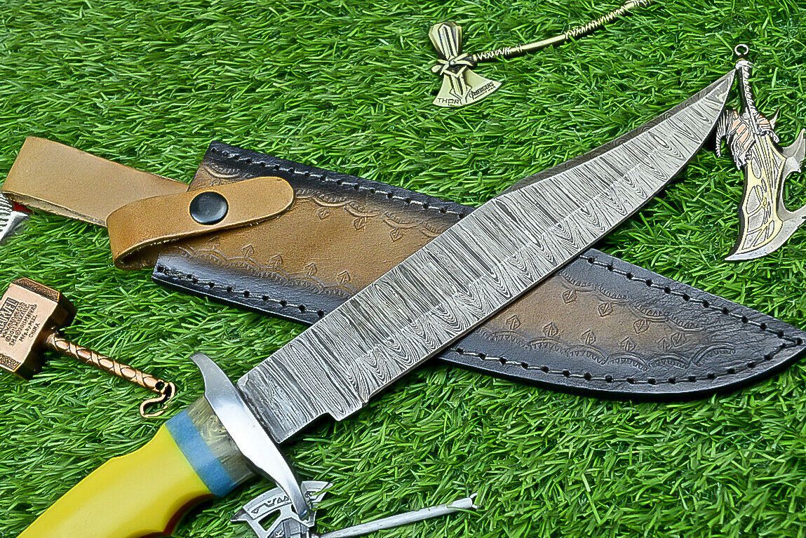 Heritage Forge 13 Inch Damascus Steel Bowie Knife with Resin Handle and Custom Leather Sheath