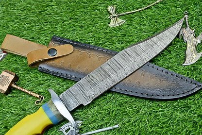 Heritage Forge 13 Inch Damascus Steel Bowie Knife with Resin Handle and Custom Leather Sheath