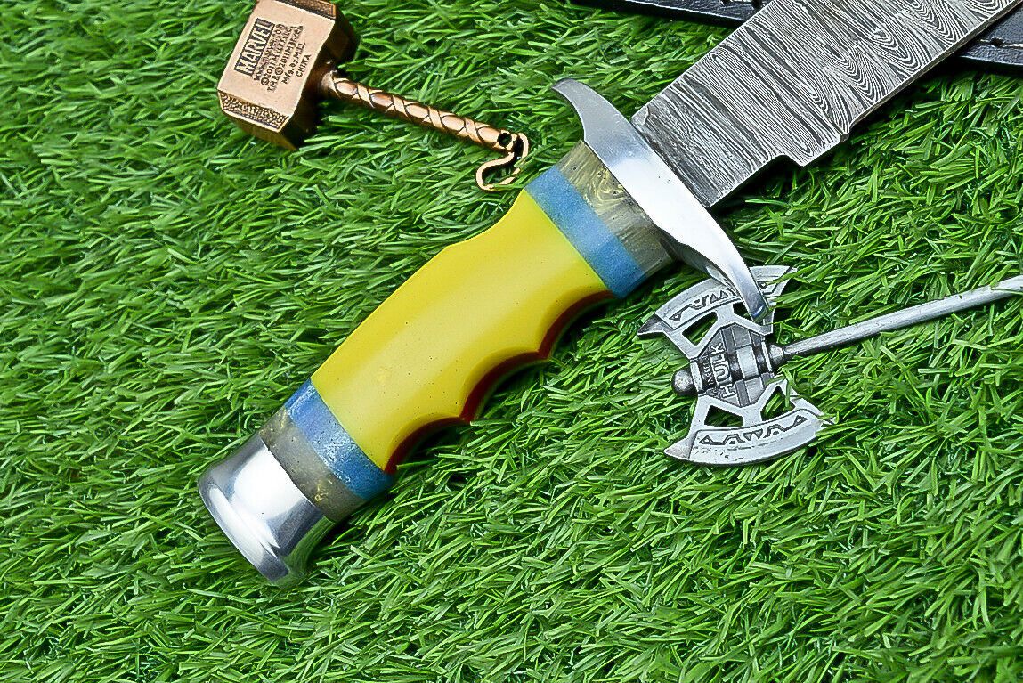 Heritage Forge 13 Inch Damascus Steel Bowie Knife with Resin Handle and Custom Leather Sheath