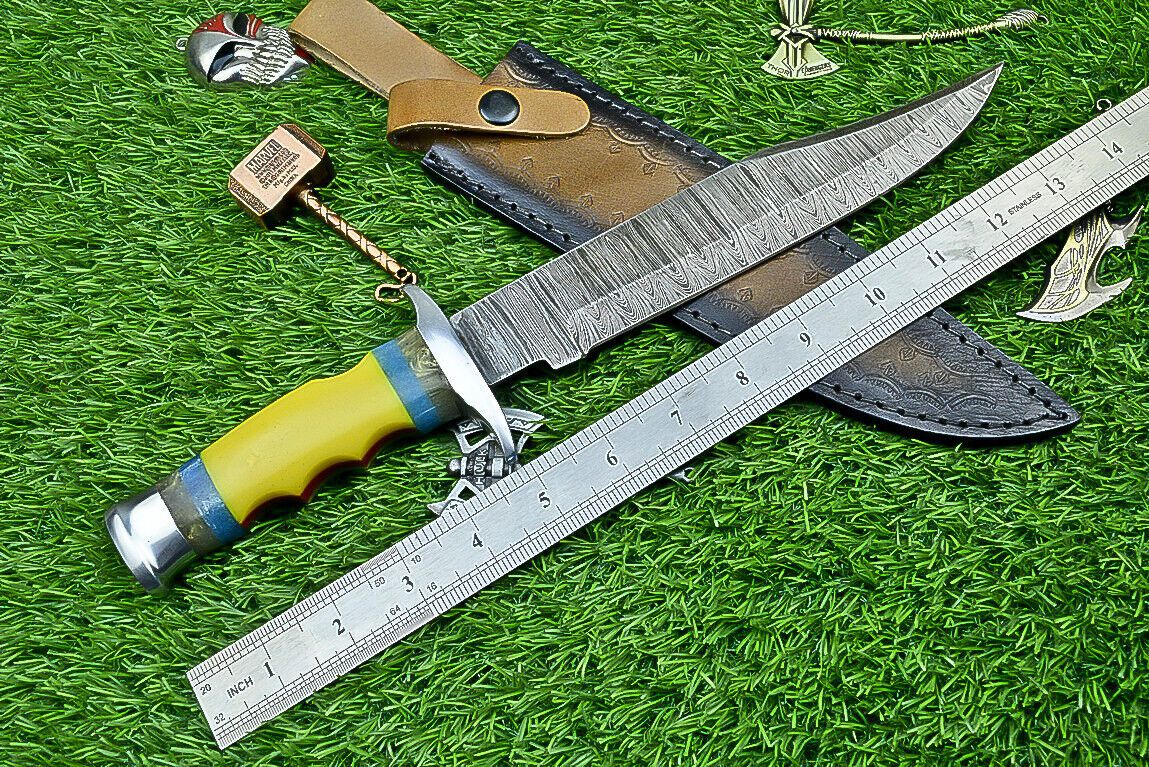 Heritage Forge 13 Inch Damascus Steel Bowie Knife with Resin Handle and Custom Leather Sheath