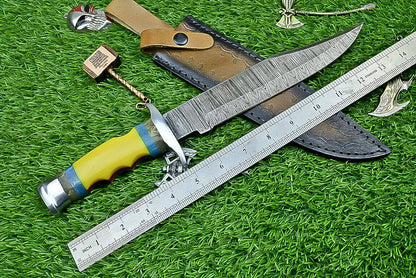 Heritage Forge 13 Inch Damascus Steel Bowie Knife with Resin Handle and Custom Leather Sheath