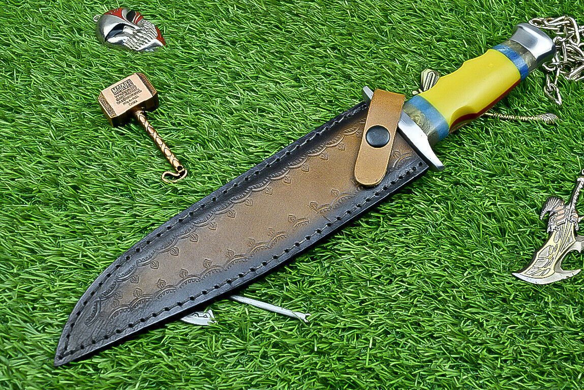 Heritage Forge 13 Inch Damascus Steel Bowie Knife with Resin Handle and Custom Leather Sheath