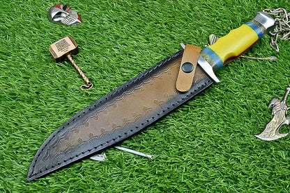 Heritage Forge 13 Inch Damascus Steel Bowie Knife with Resin Handle and Custom Leather Sheath