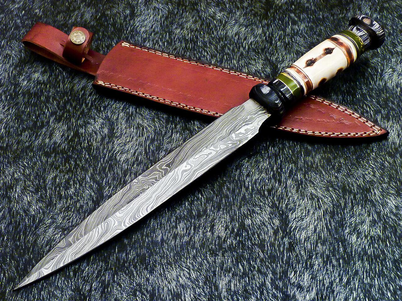 Hand Forged Damascus Steel Bowie Dagger | 15" Camel Bone Hunting Knife with Leather Sheath