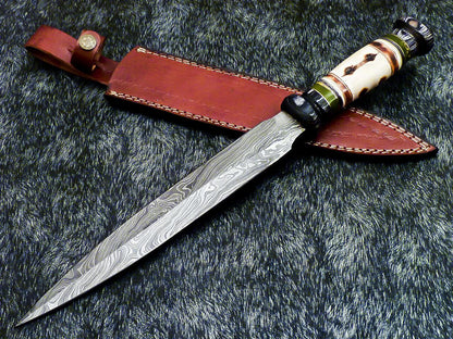 Hand Forged Damascus Steel Bowie Dagger | 15" Camel Bone Hunting Knife with Leather Sheath