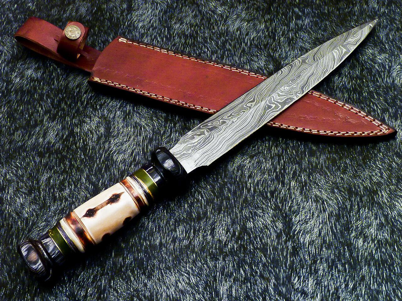 Hand Forged Damascus Steel Bowie Dagger | 15" Camel Bone Hunting Knife with Leather Sheath