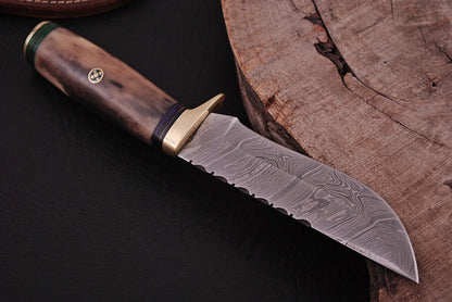 Custom Damascus Steel Bowie Knife with Camel Bone Handle for Hunting and Survival
