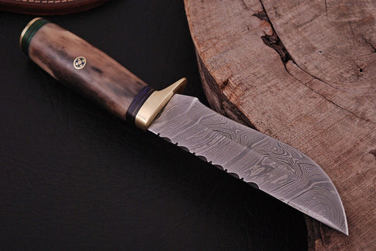 Custom Damascus Steel Bowie Knife with Camel Bone Handle for Hunting and Survival