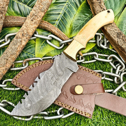Custom Handmade Damascus Steel Full Tang Tracker Knife – Camel Bone Handle, Brass Bolsters & Leather Sheath