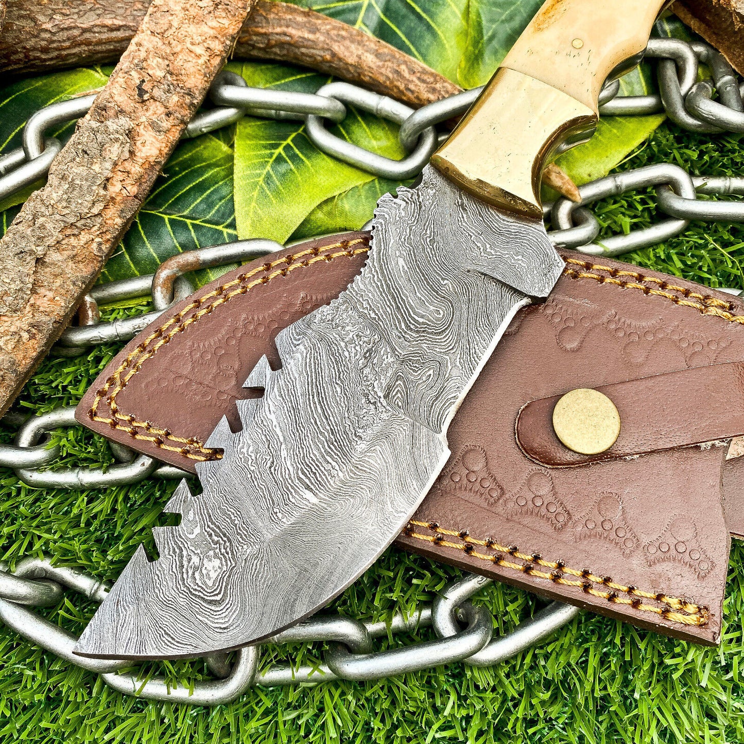 Custom Handmade Damascus Steel Full Tang Tracker Knife – Camel Bone Handle, Brass Bolsters & Leather Sheath