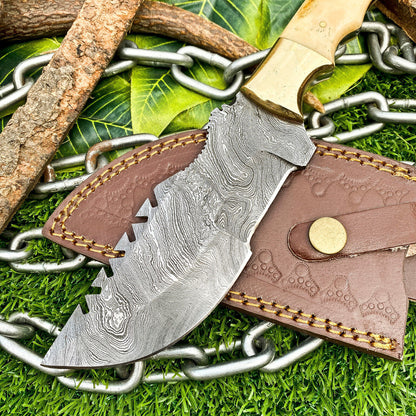Custom Handmade Damascus Steel Full Tang Tracker Knife – Camel Bone Handle, Brass Bolsters & Leather Sheath