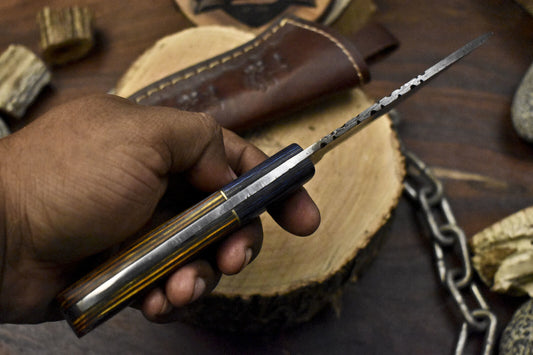 Forged Twist Pattern Damascus Skinner Knife with Hardwood Handle Wooden Bolster and Leather Sheath