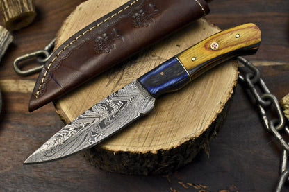 Forged Twist Pattern Damascus Skinner Knife with Hardwood Handle Wooden Bolster and Leather Sheath