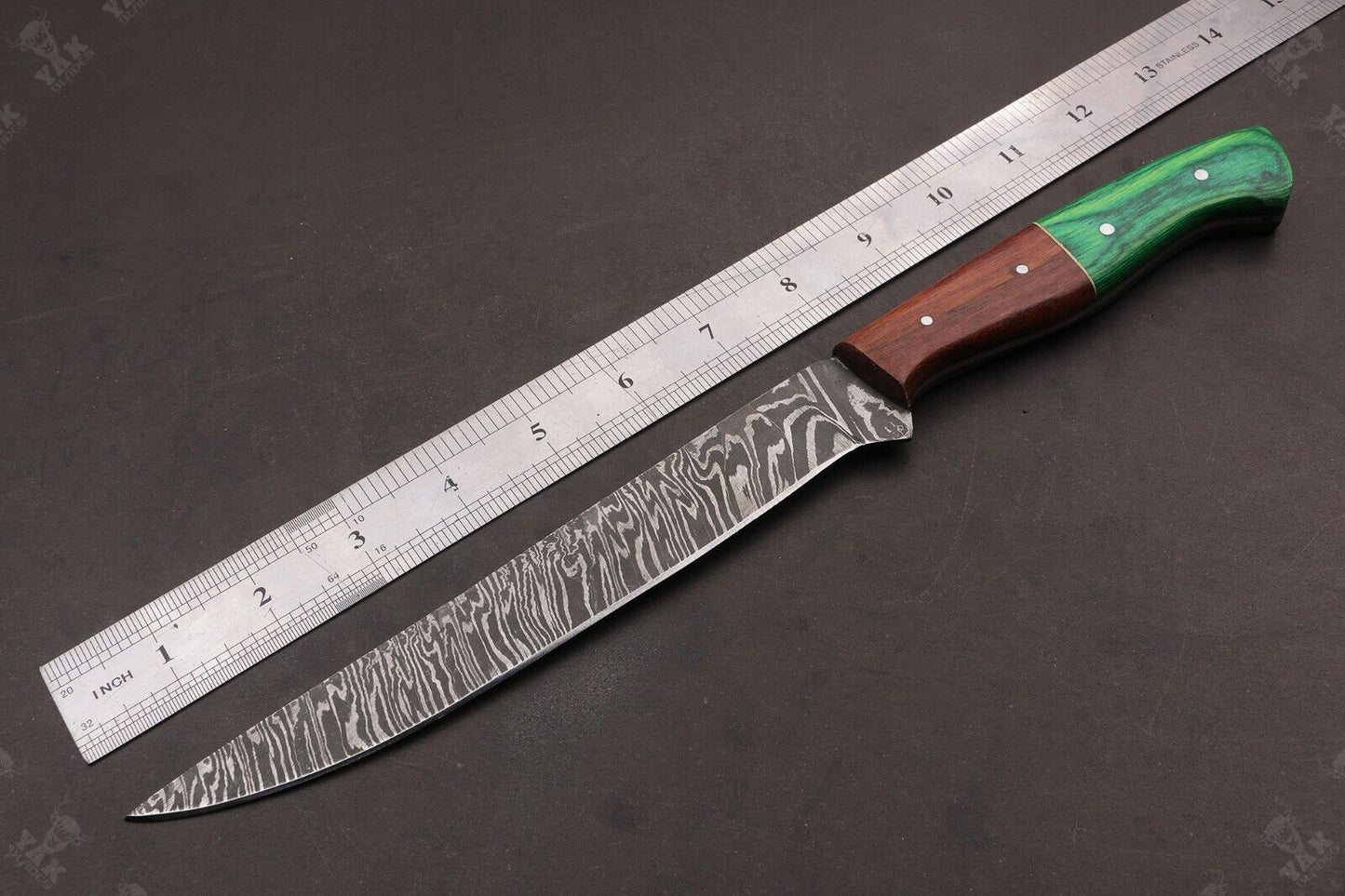 13.5" Hand Forged Fire Damascus Steel Fillet Knife Damascus Fillet Knife W/Sheath for Kitchen Use