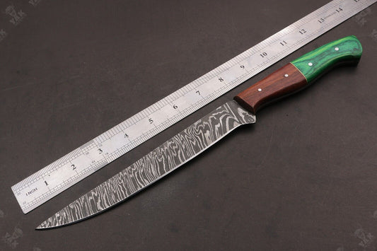13.5" Hand Forged Fire Damascus Steel Fillet Knife Damascus Fillet Knife W/Sheath for Kitchen Use