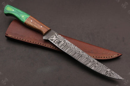 13.5" Hand Forged Fire Damascus Steel Fillet Knife Damascus Fillet Knife W/Sheath for Kitchen Use