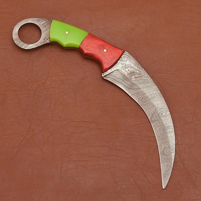 Handmade Damascus Karambit Damascus Steel Karambit Knife with Wood & Resin Handle