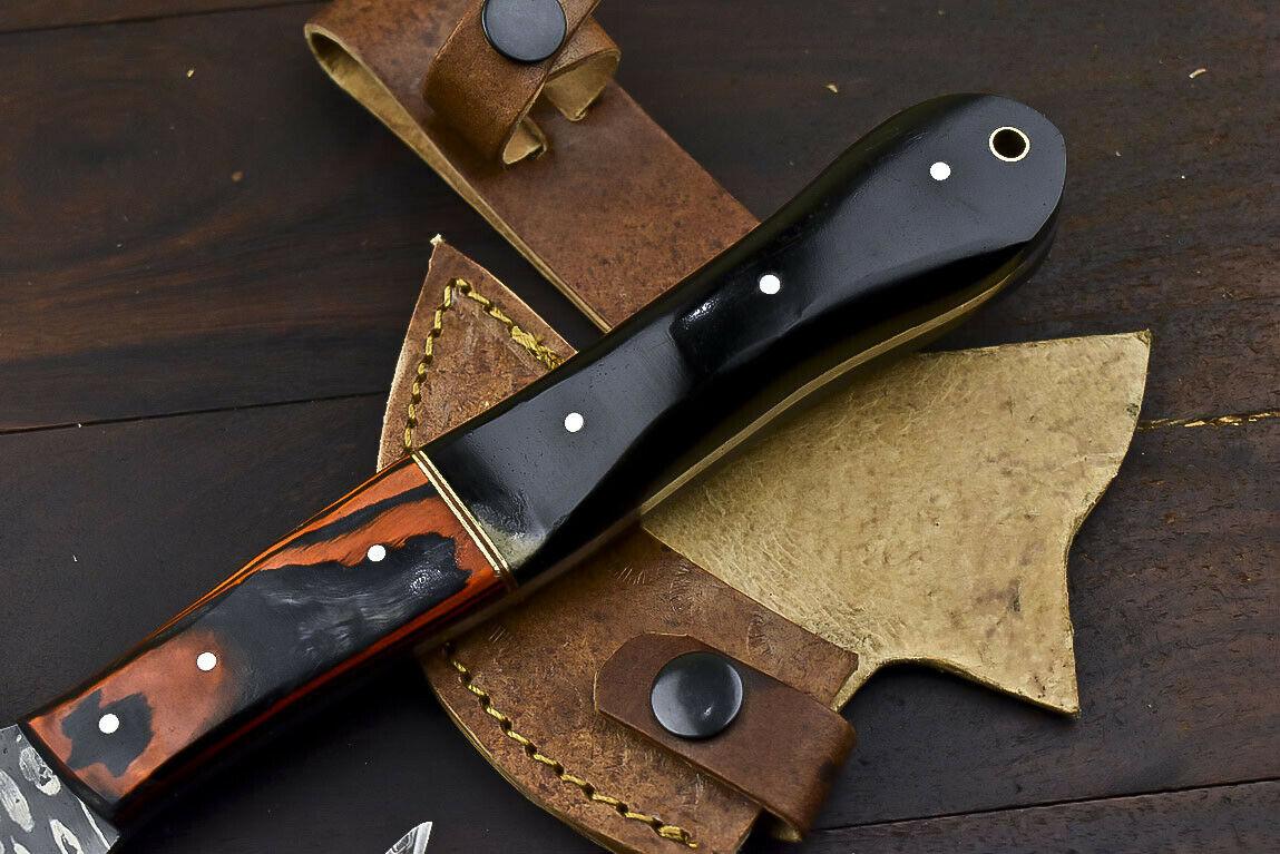 Hand Forged Damascus Steel Rams Horn Clever Chopper Axe Knife with Leather Sheath