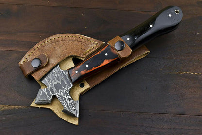 Hand Forged Damascus Steel Rams Horn Clever Chopper Axe Knife with Leather Sheath