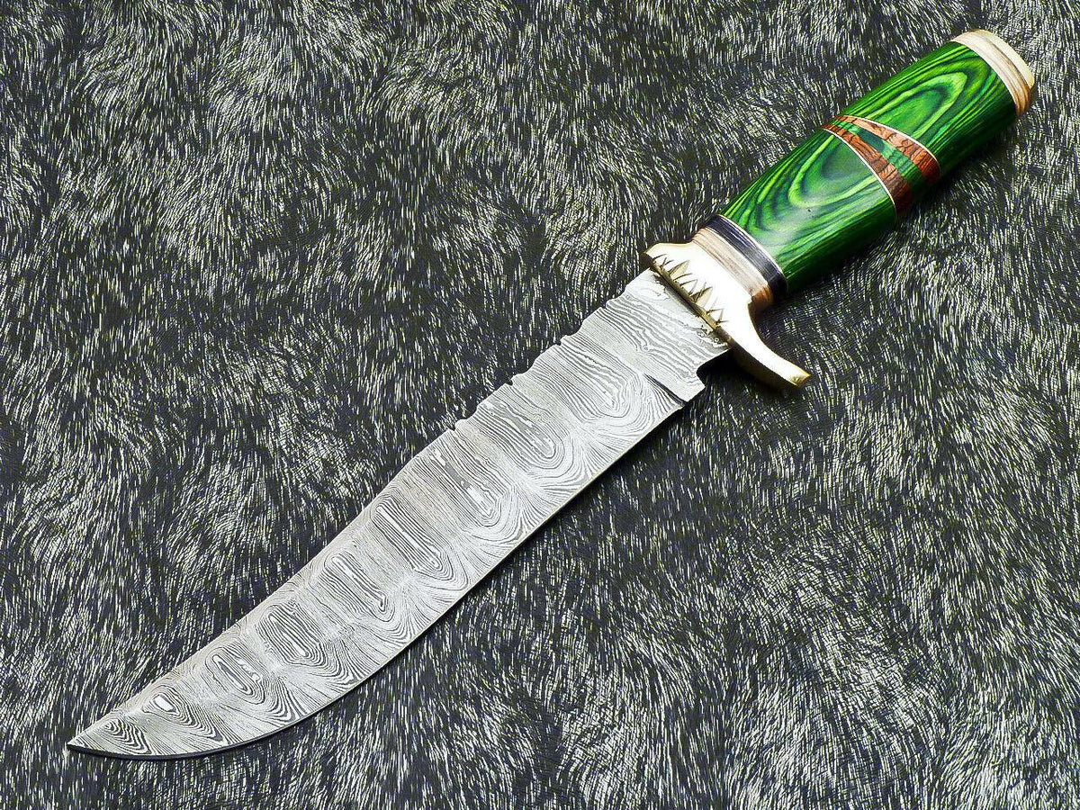 Handmade Damascus hunting knife with green wood handle and brass guard