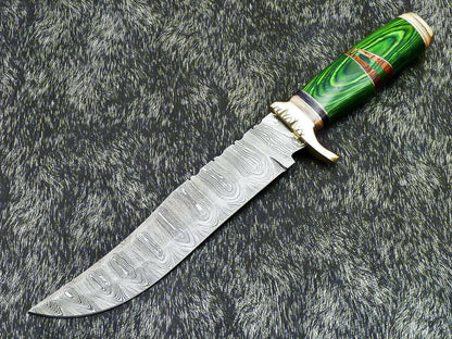 Handmade Damascus hunting knife with green wood handle and brass guard
