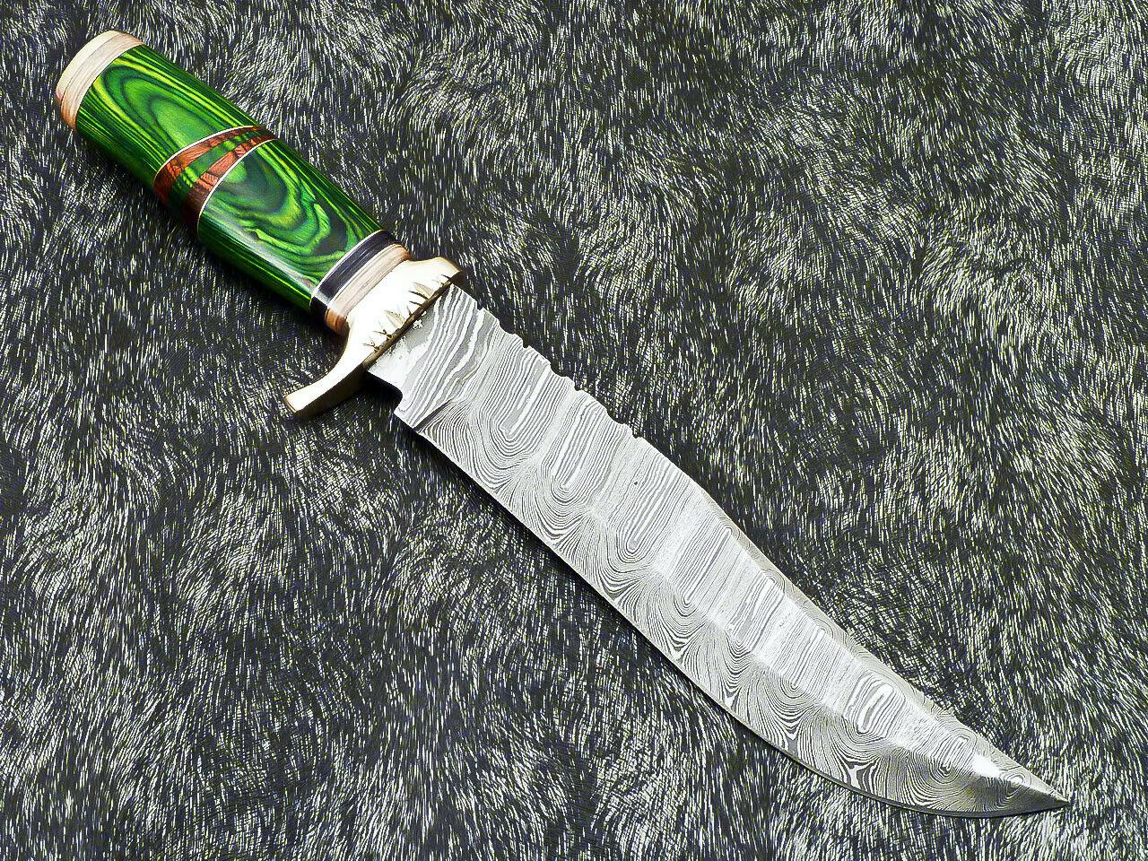 Authentic 14" Handmade Damascus Bowie Hunting Knife with Hardwood Handle with Leather Sheath