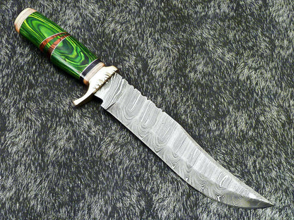 Authentic 14" Handmade Damascus Bowie Hunting Knife with Hardwood Handle with Leather Sheath